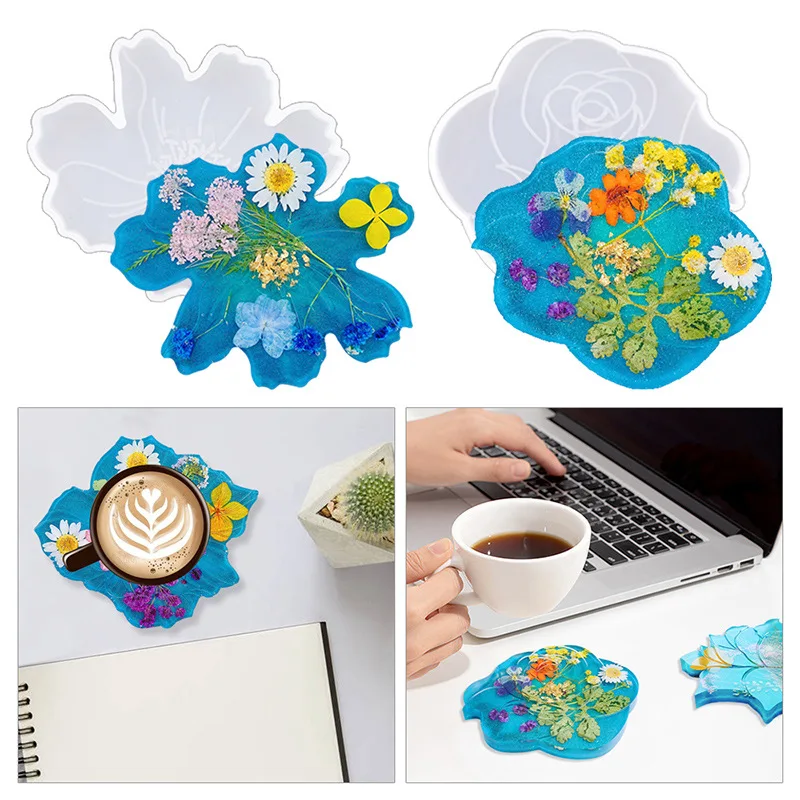Set Of 5 Pieces DIY Circular Coaster Mold Crystal Epoxy Resin Mold Square Coaster Resin Silicone Mould Flower Cup Mat Mould