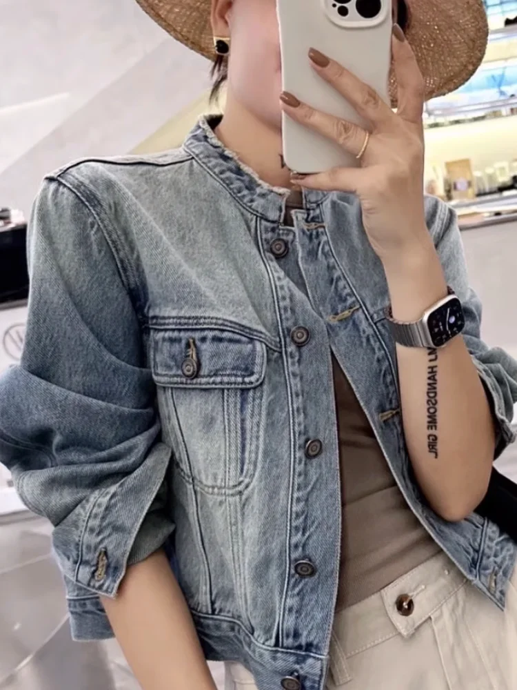 Korean Sle New Stand Collar Denim coat Women Spring and Autumn Loose Small Retro Versatile Crop jacket Fashion Top |