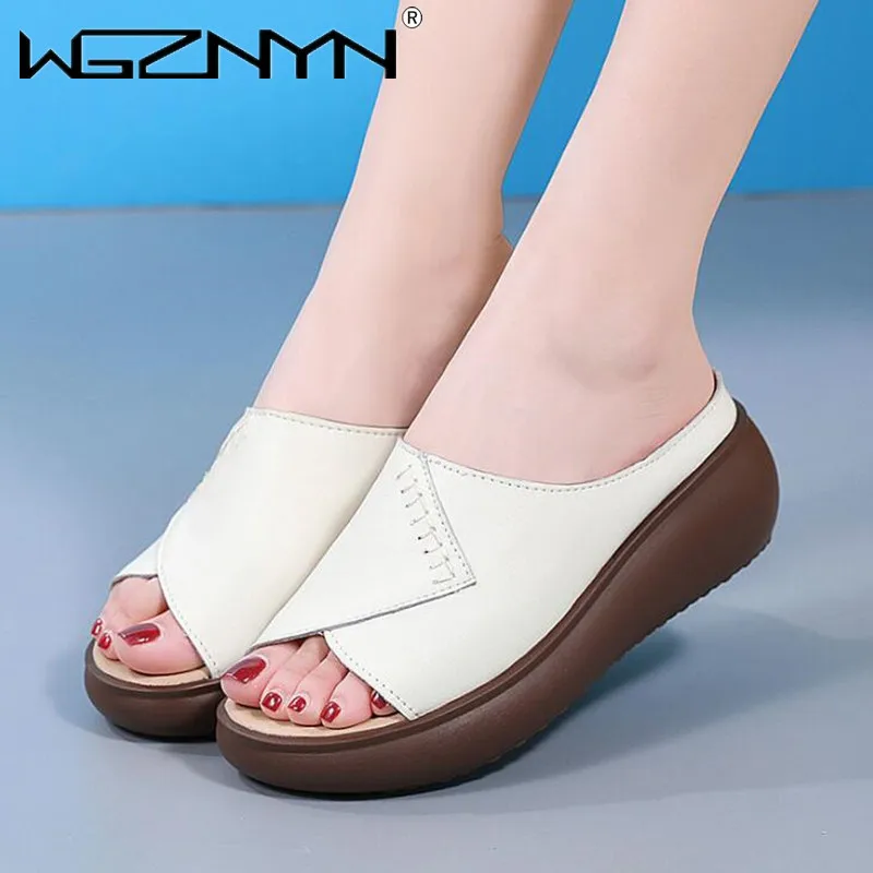 

Slipper Female Platform 2022 New Women Outdoor Slippers Genuine PU Leather Retro Casual Summer Sandals Women High Heel Flip Flop