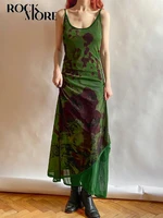 rockmore y2k retro green mesh maxi dress women elegant outfits aesthetic sexy spaghetti straps long dresses fairy grunge outfits
