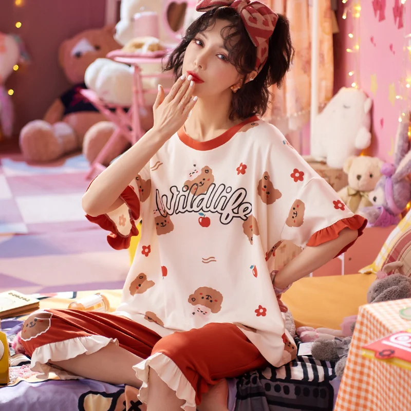 pajamas women's summer pure cotton  short sleeved capris students' leisure simple  lovely women's home clothes