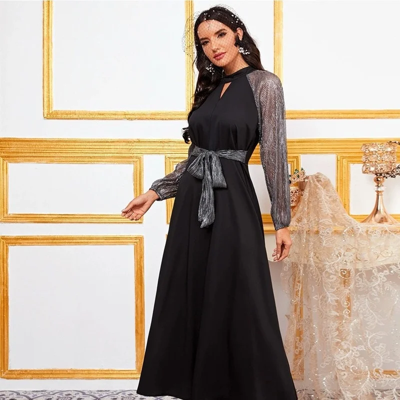 

Женское свободное платье с длинным рукавом и бантом на поясе