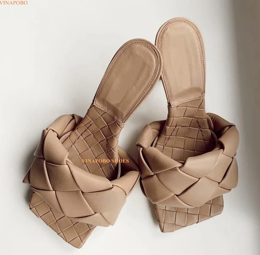 Runway 2022 Weave Summer Slippers Woman Thin High Heels Slippers Ladies One Strap Sandals Size 42Eur Summer Shoes Woman images - 6