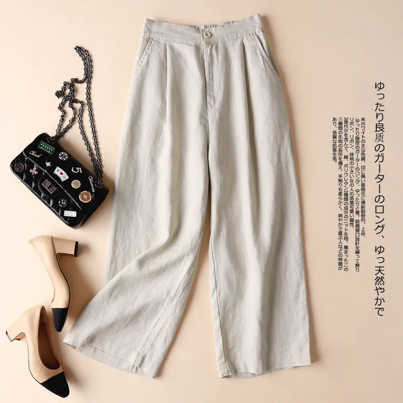 

Summer Vintage Women Office Wide Leg Pants Elastic Waist Loose Cotton Linen Trousers Baggy Pants Solid Pantalon Plus Size