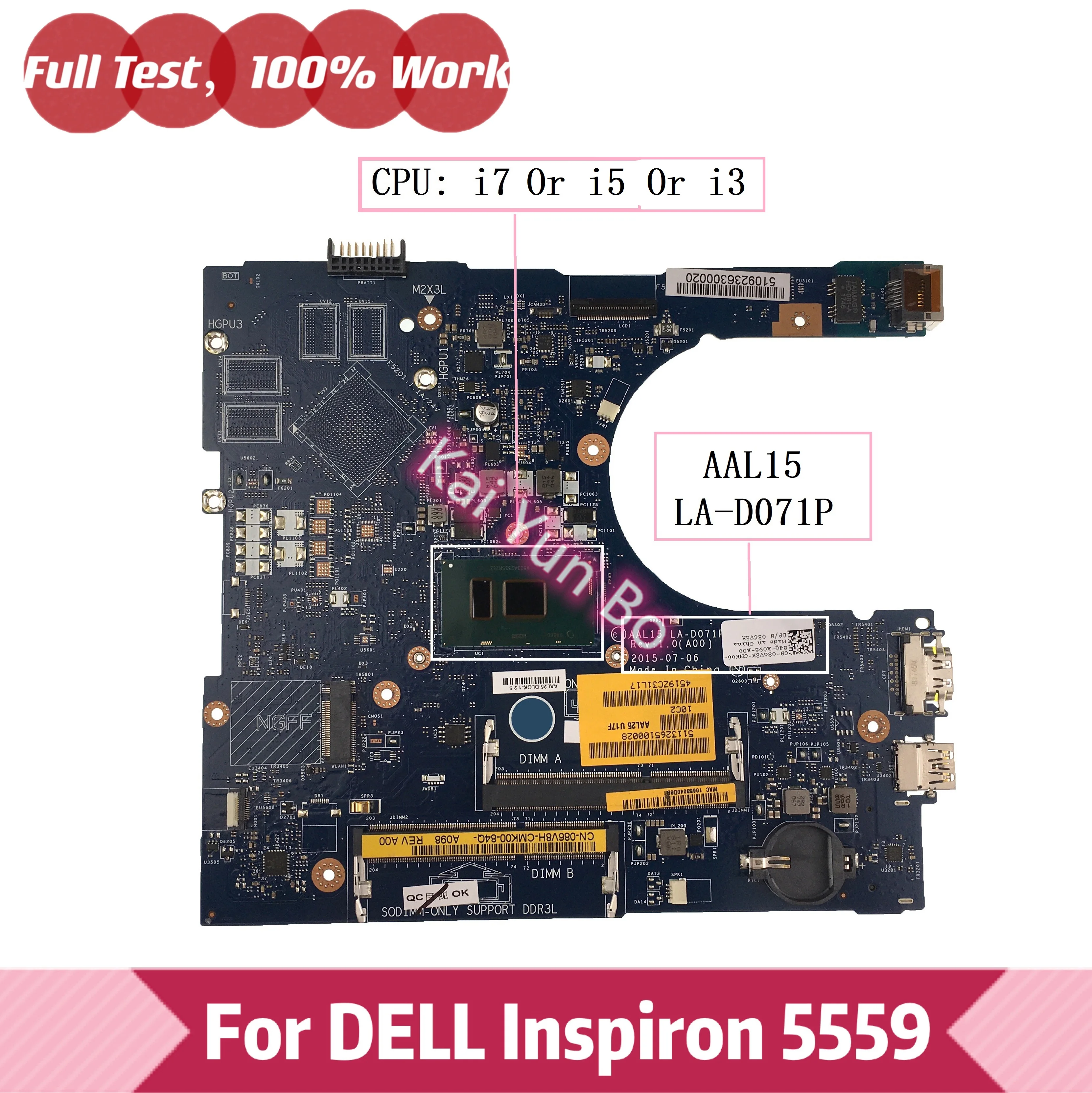

Ноутбук CN-086V8H 86V8H 086V8H Dell Inspiron 5459 5559 5759 Материнская плата ноутбука AAL15 LA-D071P W i7-6500U Процессор 100% протестирован OK