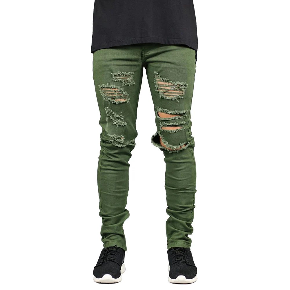Men Zipper Destroyed Jeans Stretch Fashion Army Green Ripped Men Skinny Jeans Y2631