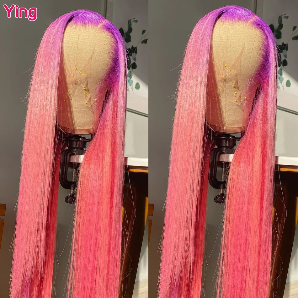 Ying Hair Bone Straight Purple Root Pink 13X6 Lace Frontal Wig 180% Brazilian Remy #613 13X4 Transparent Lace Front Wigs