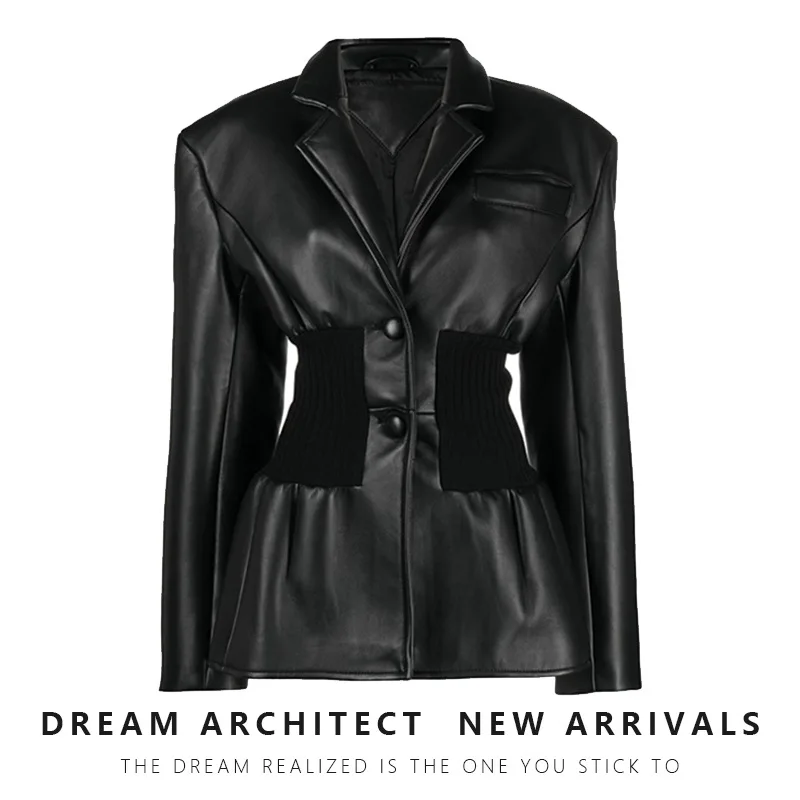 

Женский трикотажный блейзер из ПУ кожи, облегающий блейзер с высокой талией, в стиле ощущения костюма, 2023