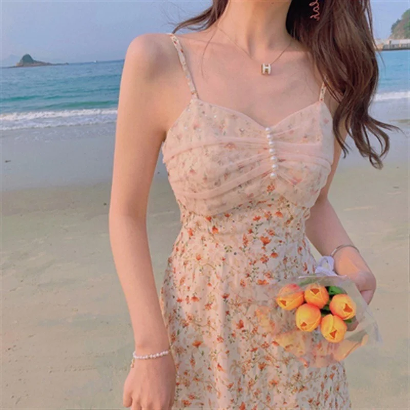 

Cottagecore Sweet Spaghetti Strap Dresses for Women 2021beach Romatic Floral Print Mermaid Lace Edge Split Elegant Midi Dress