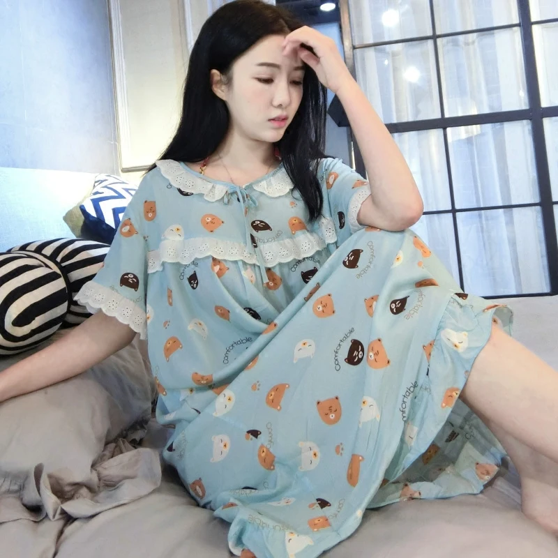 Summer Casual Loose Ruffle Long Nightgown Women 2021 Print Sexy Sleepdress Cartoon Lace Homewear Short Sleeve O-neck Sleepshirts