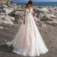 pink romantic lace appliques wedding dress 2022 for women vestidos de noiva o neck long sleeves bridal gown robe de mari%c3%a9e