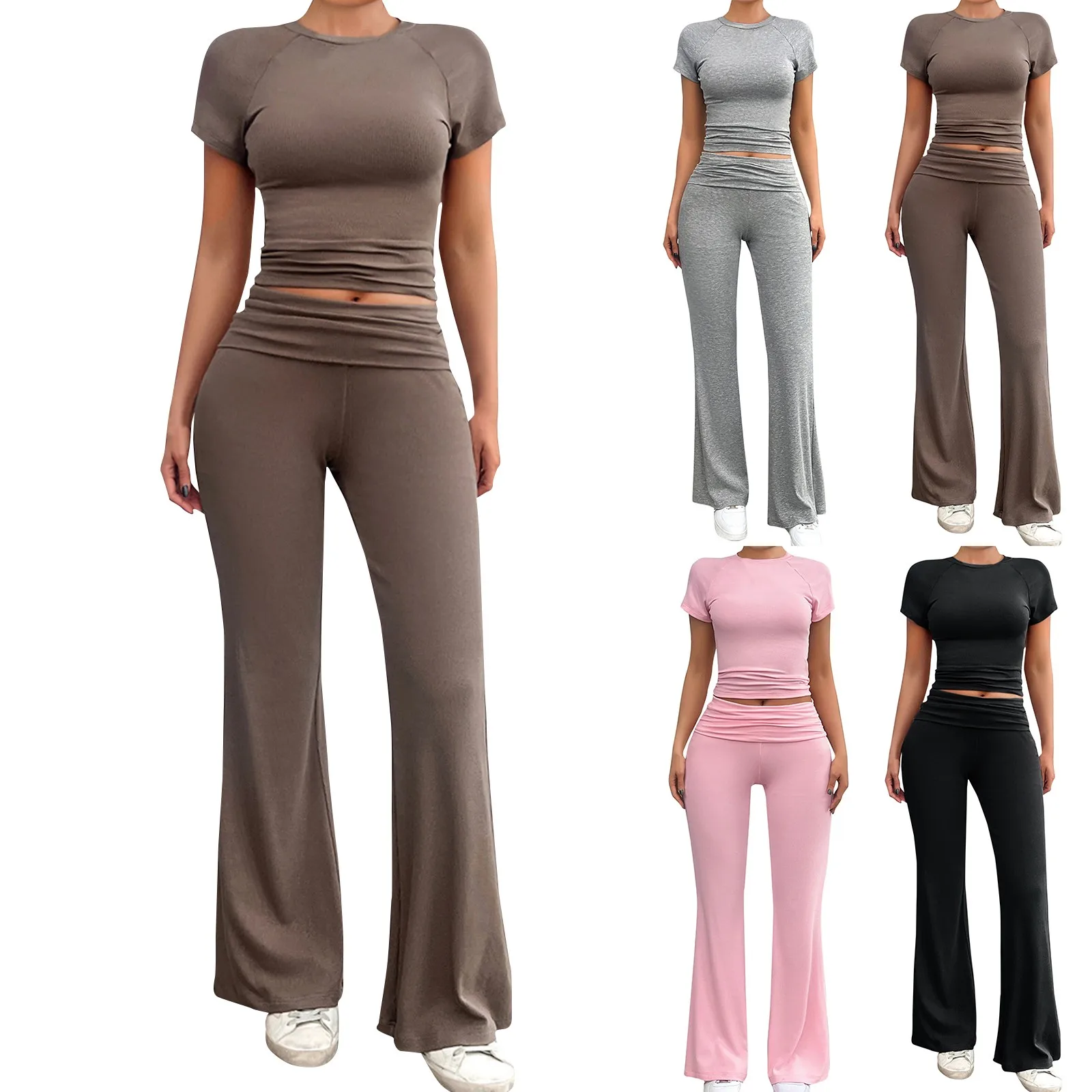 Брючный костюм с круглым вырезом повседневный облегающий комплект из топа