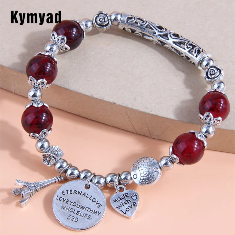 

Kymyad Colorful Resin Stone Beads Bracelets & Bangles Vintage Heart Tower CharmBracelet For Women Bijoux Friendship Bracelets
