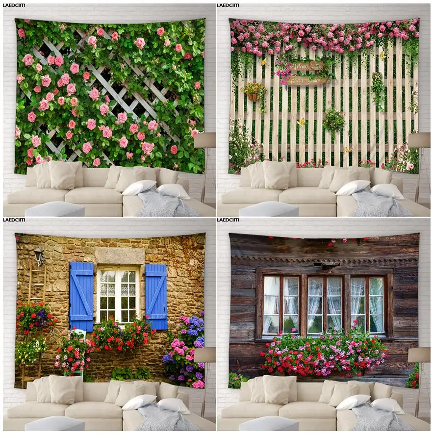 

Farm Fence Butterfly Flowers Tapestry Vintage Brick Brown Wood Board Nature Leaves Plants Living Room Garden Decor Wall Hanging