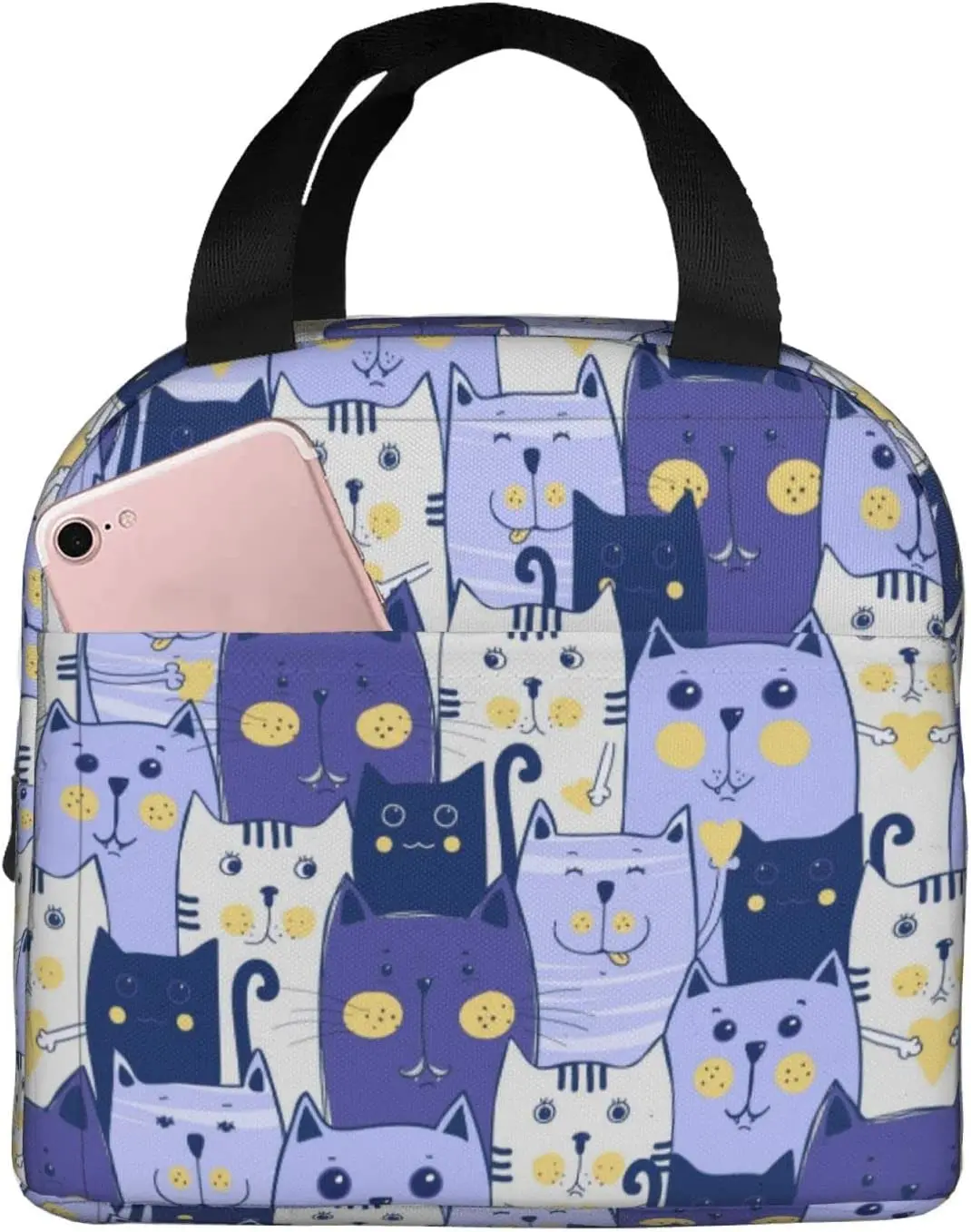 

Cute Cat Lunch Bag ,Modern Portable Insulated Bag Cartoon Cat Head Double Handle Sturdy Tote Reusable Meal Prep Container Bag