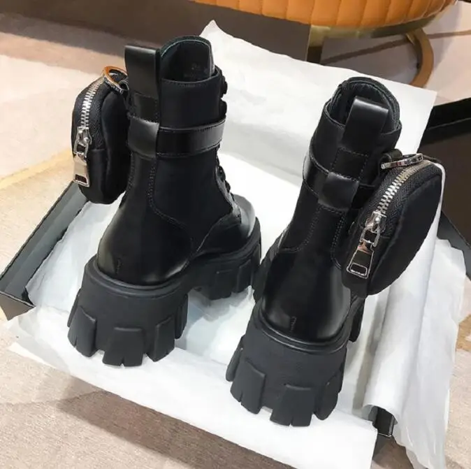 Black Steampunk Woman Chunky Heel Ankle Motorcycle Boots Women's Designer Lace-up Spring Goth Platforms Botas Belt Buckle Shoes