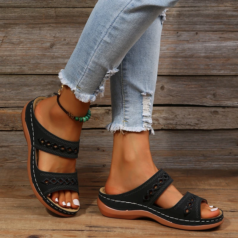 

Summer Women Wedge Sandals Premium Orthopedic Open Toe Slippers Vintage Anti-Slip Leather Casual Female Platform Retro Shoes New