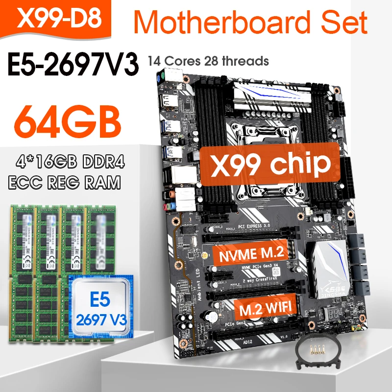 

JINGSHA X99 D8 Motherboard Set with Xeon E5 2697 V3 LGA2011-3 2.6GHZ CPU 4pcs X 16GB =64GB 2133MHz DDR4 Memory M.2 WIFI Interfac