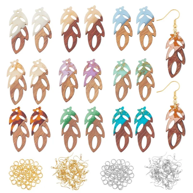 

1Box Unique Design Splicing Hollow Leaf Pendants with Ear Hooks Jump Rings Kits for DIY Resin Wood Dangle Earring Jewelry Making