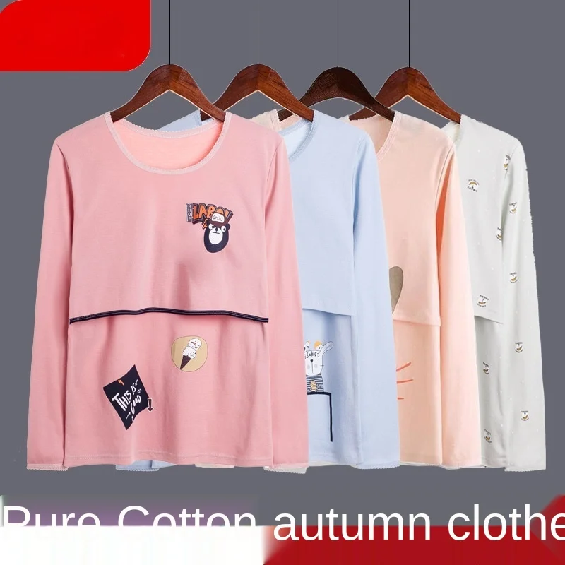 Cotton Maternity Clothes Breastfeeding Tops Nightwear Long Sleeve Autumn Winter Pregnant Nursing Pajama-shirt Pregnancy Homewear