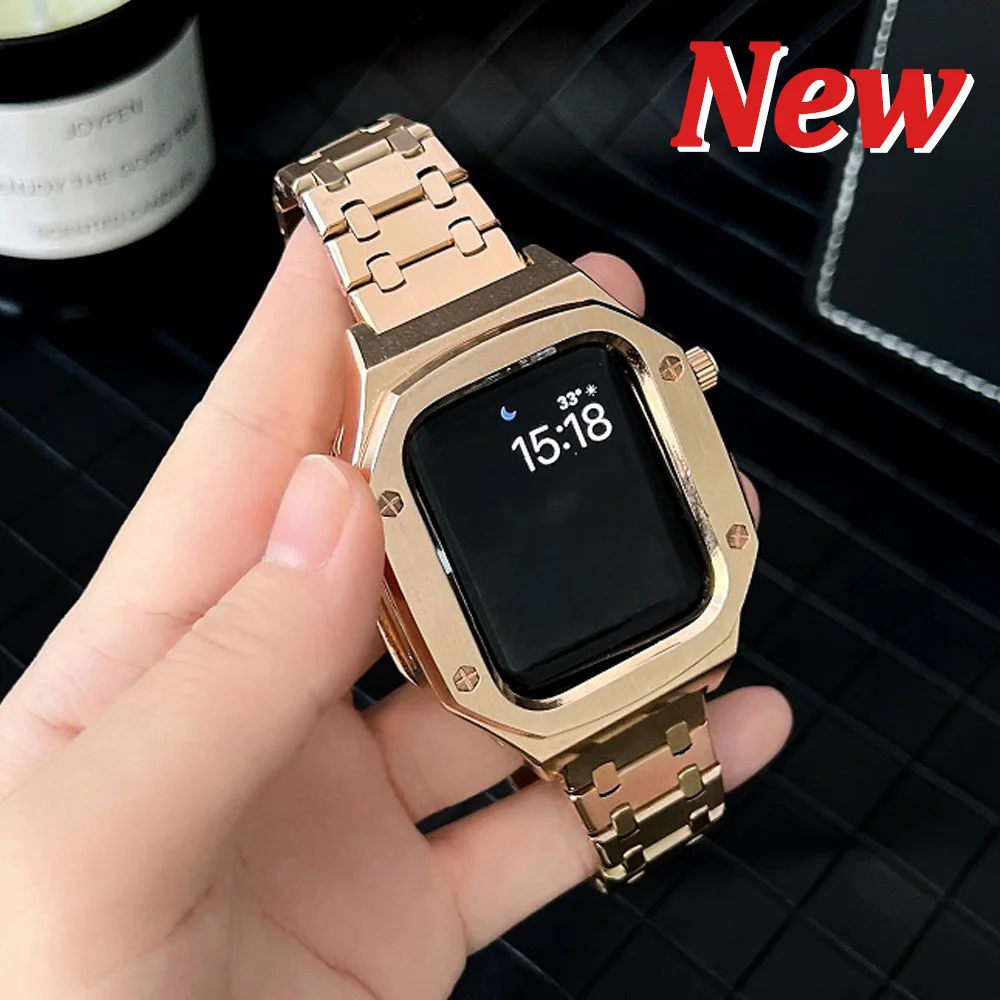 Дешево Ремешок металлический для Apple Watch Series 7 44 мм 45 мм, люксовый браслет из нержавеющей стали для IWatch 44 654 SE, комплект для модификации «сделай сам»