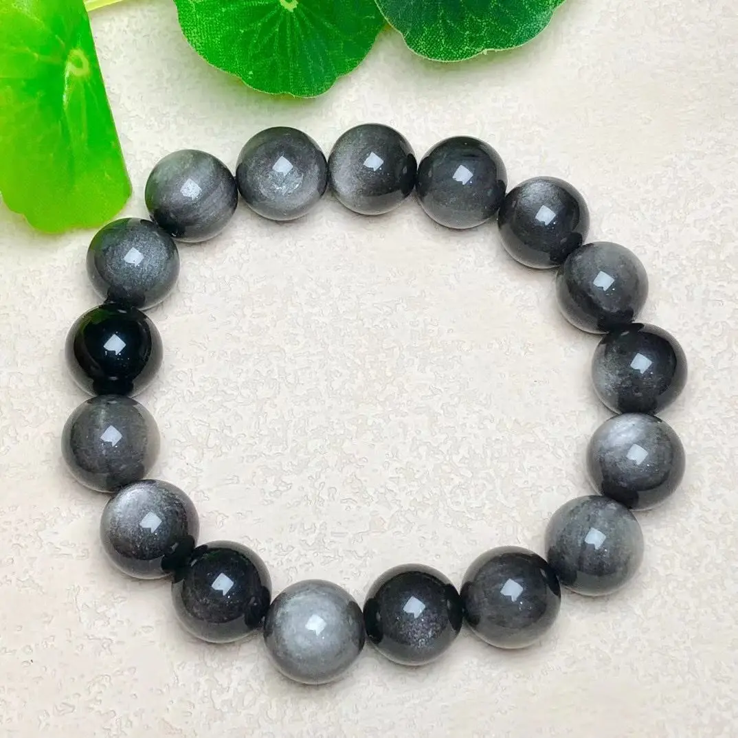 

Natural Black Silver Obsidian Bracelet Buddhist Prayer Blessing Blackstone Healing Stone Ball Beads Jewelry Lucky Present