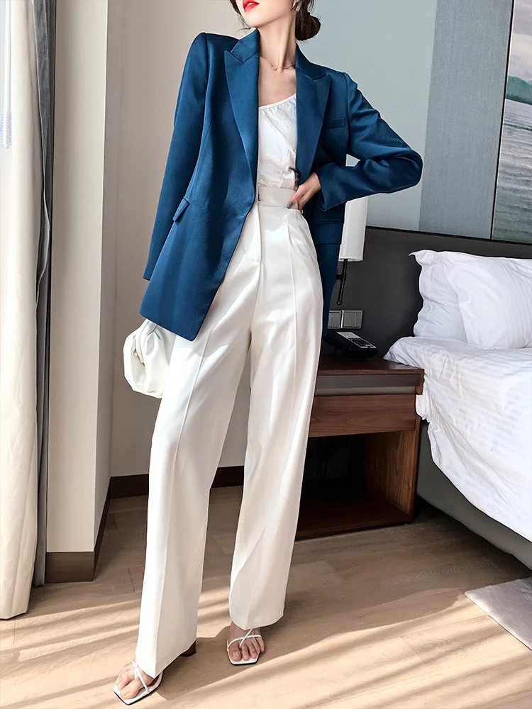 Women Blue Blazer for 2023 Spring Autumn Trendy Korean Style Luxury Satin Suit Jacket OL Work Coat Female Outerwear
