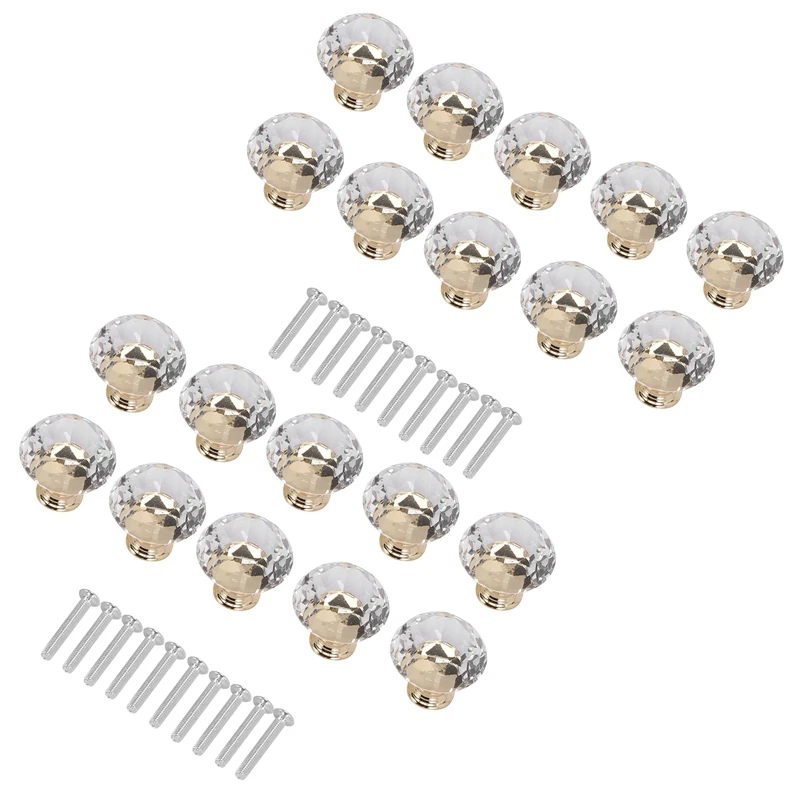 

Diamond Shape Crystal Glass 30Mm Knob Cupboard Dresser Wardrobe Pull Handle With Screws, 20Pcs Door Handle Gold