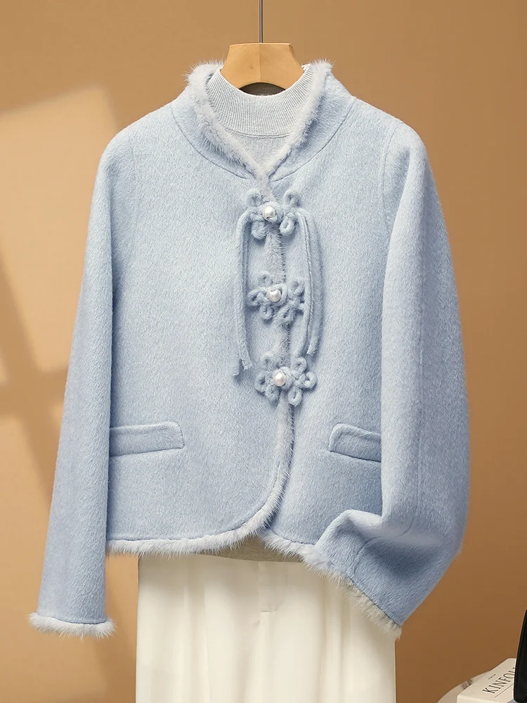 Новое двустороннее кашемировое пальто в китайском стиле с воротником-стойкой