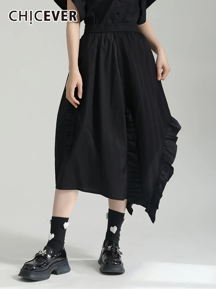 

CHICEVER Patchwork Ruched Skirts For Women High Waist Solid Loose Irregular Hem Asymmetrical A Line Midi Skirt Female Summer New