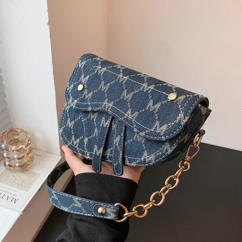 

Burminsa Letters Print Denim Saddle Small Shoulder Crossbody Bags For Women Hot 2022 Trend Luxury Designer Chain Ladies Handbags