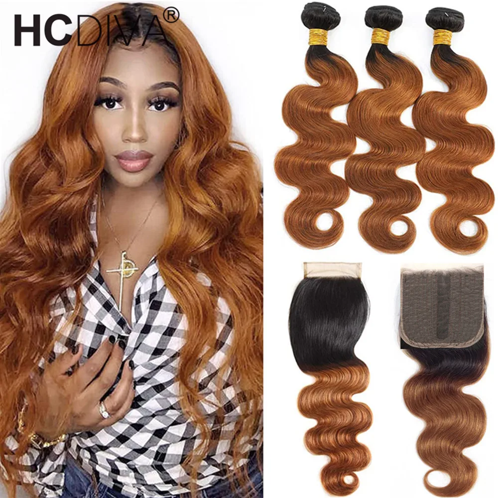 Ombre Colored Human Hair Bundles With Closure Body Wave Bundles Human Hair With Closure T1B/30 Highlight Brazilian Human Hair