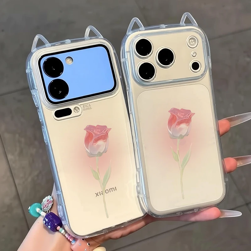 Фото Прозрачный 3D-чехол для телефона с кошачьими ушками для Xiaomi 17 PROMAX 14 15, противоударный мягкий чехол с розами для Redmi Note 15 Pro 14 13 Pro 5G №4