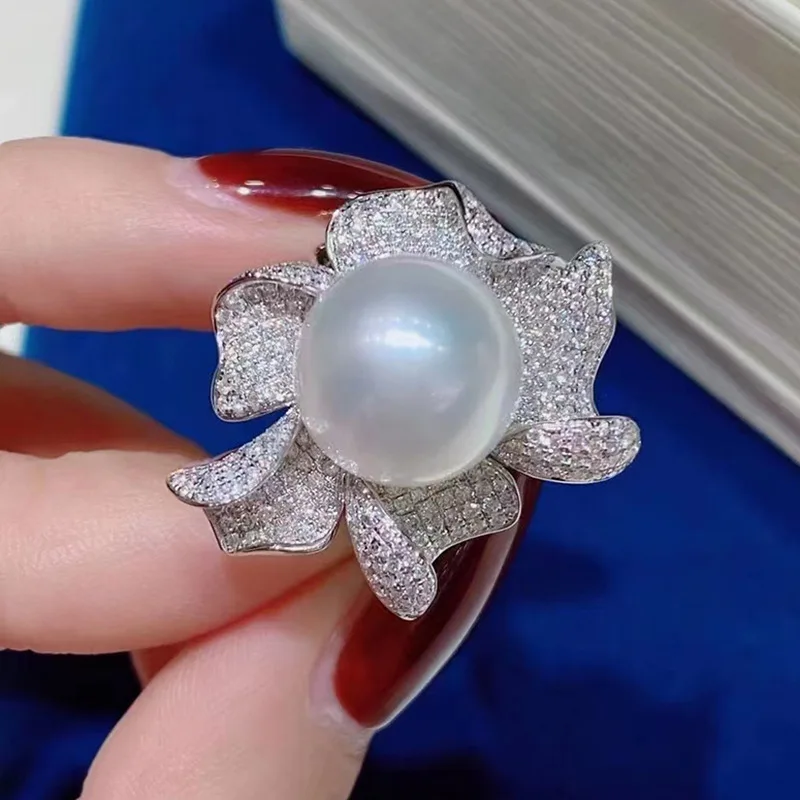 

MeiBaPJ Luxurious 12.5-13mm Big Natural Freshwater Pearl Fashion Flower Ring 925 Sterling Silver Fine Wedding Jewelry for Women