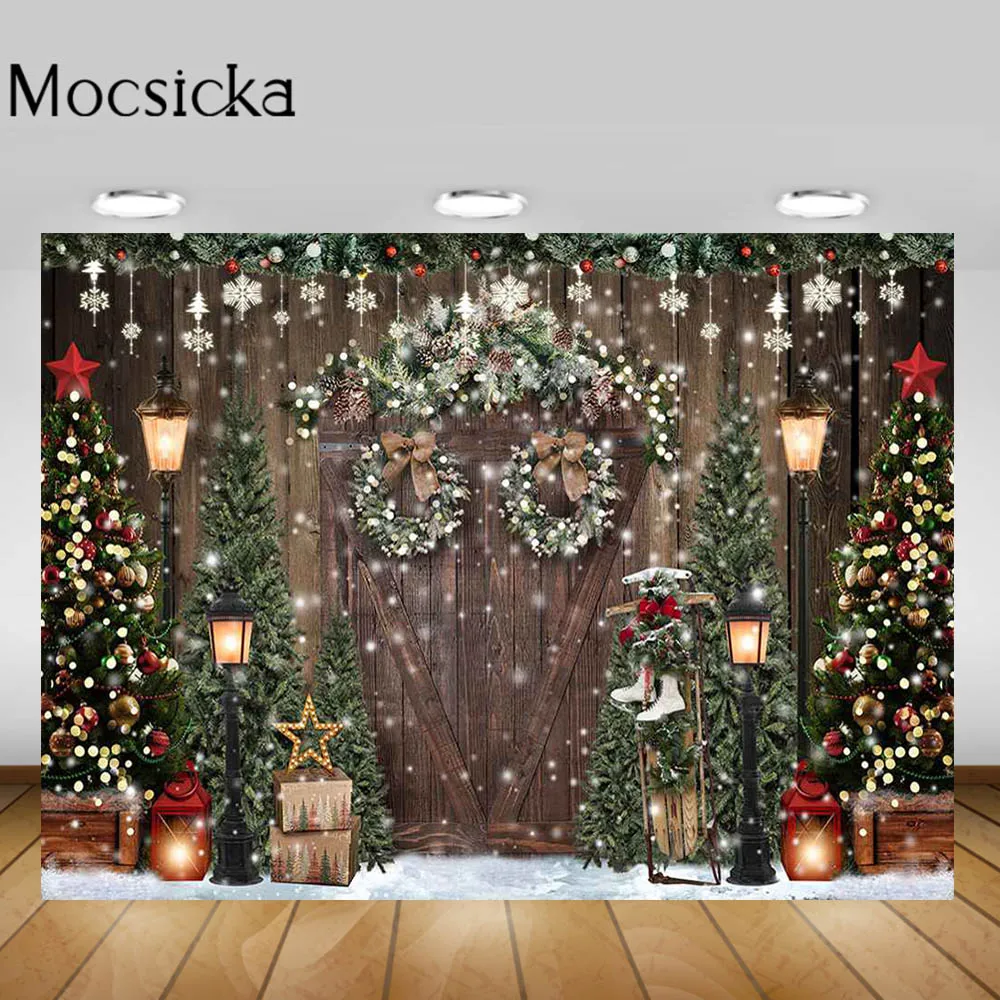 

Mocsicka Winter Snowflake Child Portrait Photography Backdrops Wood Door Xmas Tree Christmas Backdrop Outdoor Studio Photo Booth