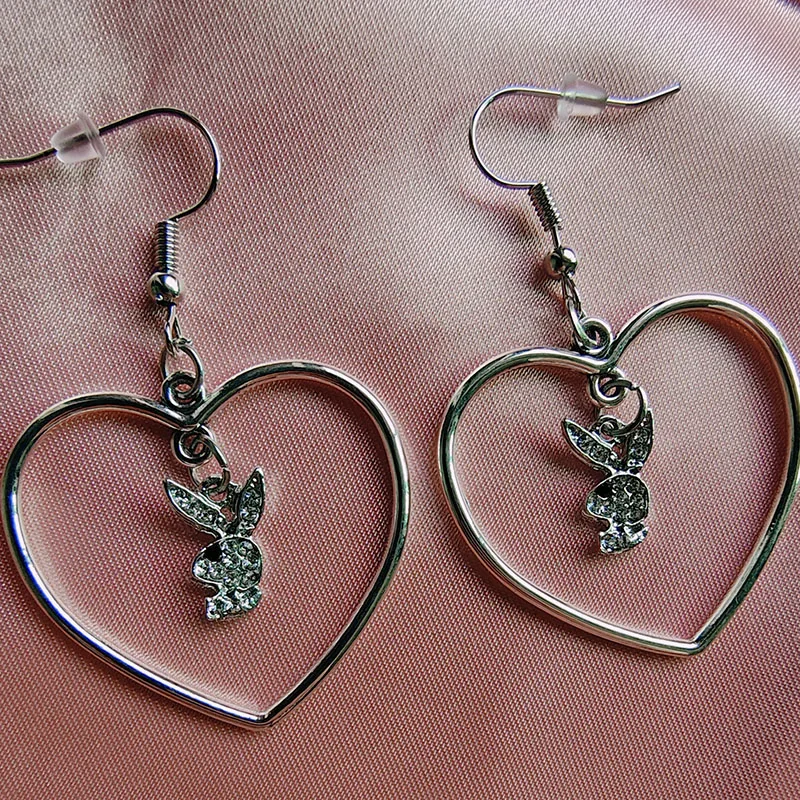 

Diamanté Bunny Heart Charm Earrings silver Sister Hollowed Out Geometric Heart shaped Sweet Love Earrings Female Jewelry