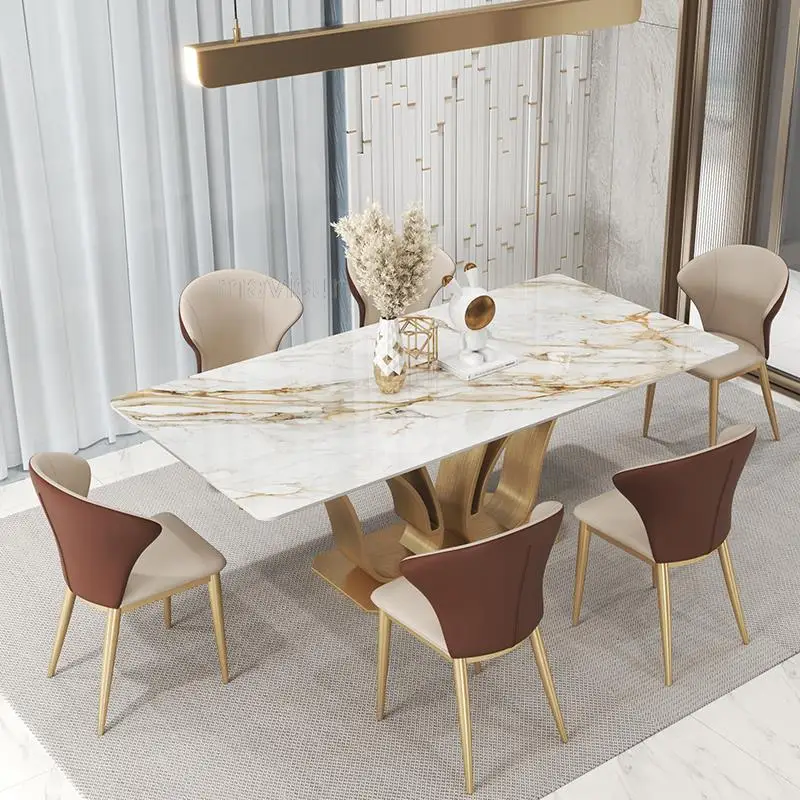 

Luxury Villa Dining Room Swan Shape Rectangular Island Table 1.8m And 6 Chairs Set Golden Creative Design Marble Furniture