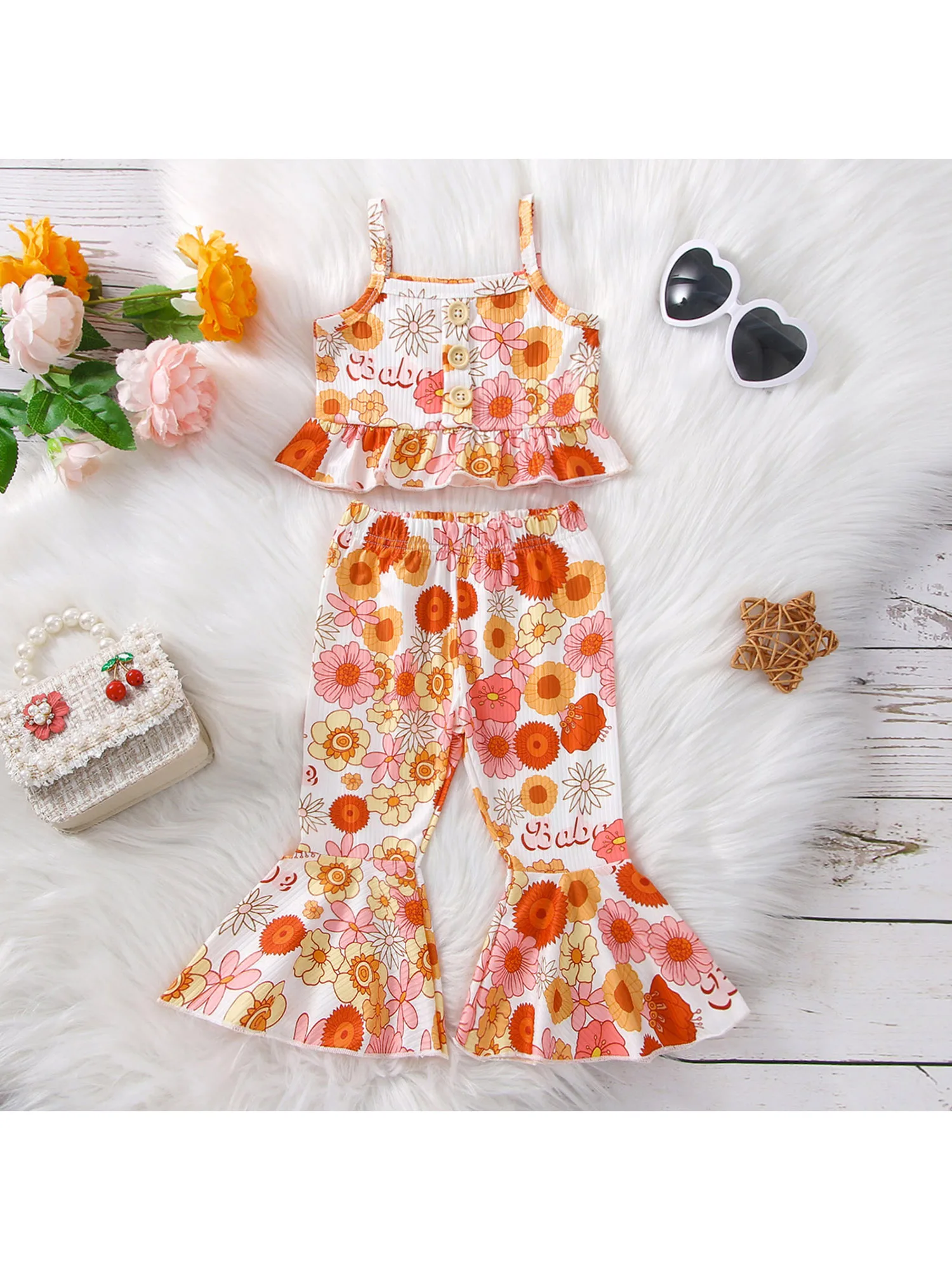 

Милый наряд для маленьких девочек, восхитительный Топ без рукавов с цветочным принтом и оборками на подоле, подходящие брюки с эластичным поясом