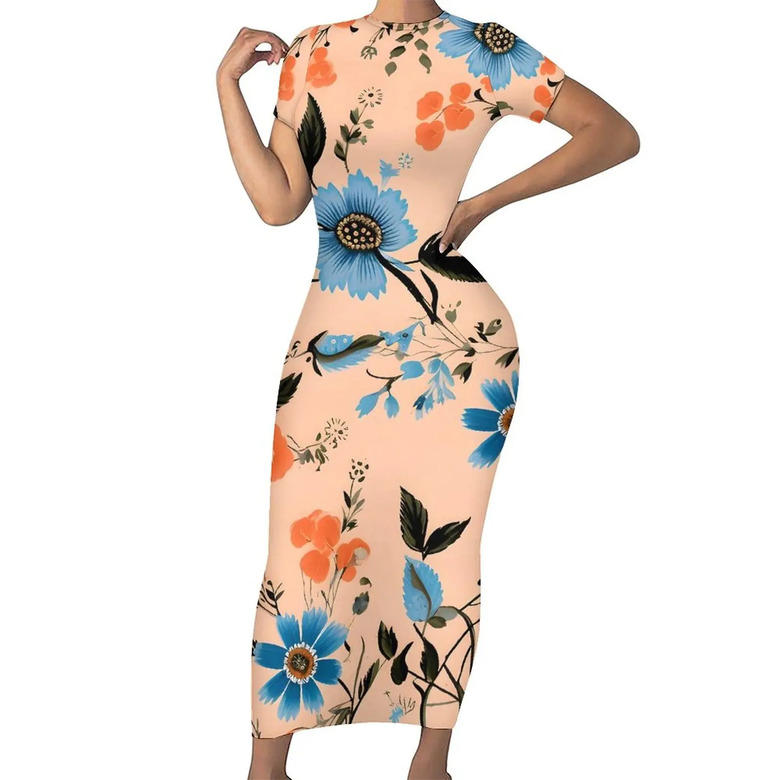 

Vintage Floral Dress Short Sleeve Blue And Pink Vintage Maxi Dresses Spring Street Wear Printed Bodycon Dress Big Size