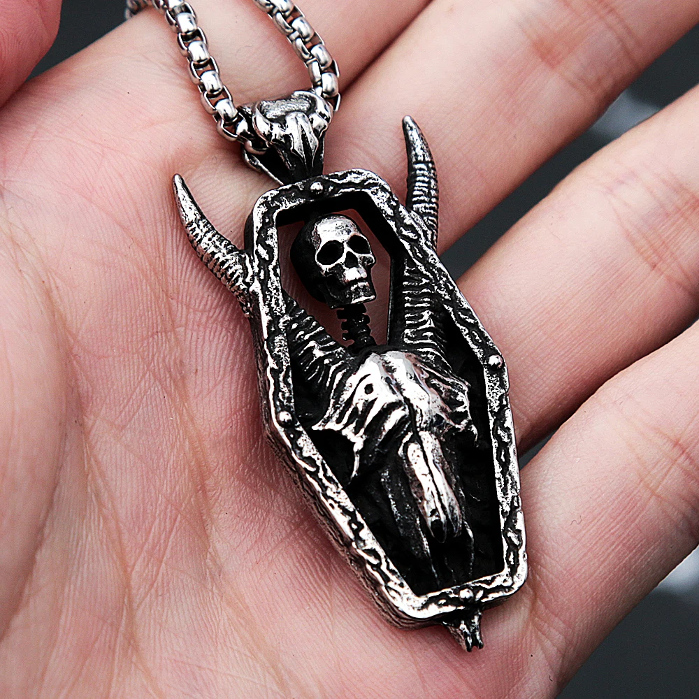 

Винтажное готическое ожерелье с черепом сатаны для мужчин, подвеска из нержавеющей стали в стиле панк, байкера, демона, Люцифера, Модная биж...
