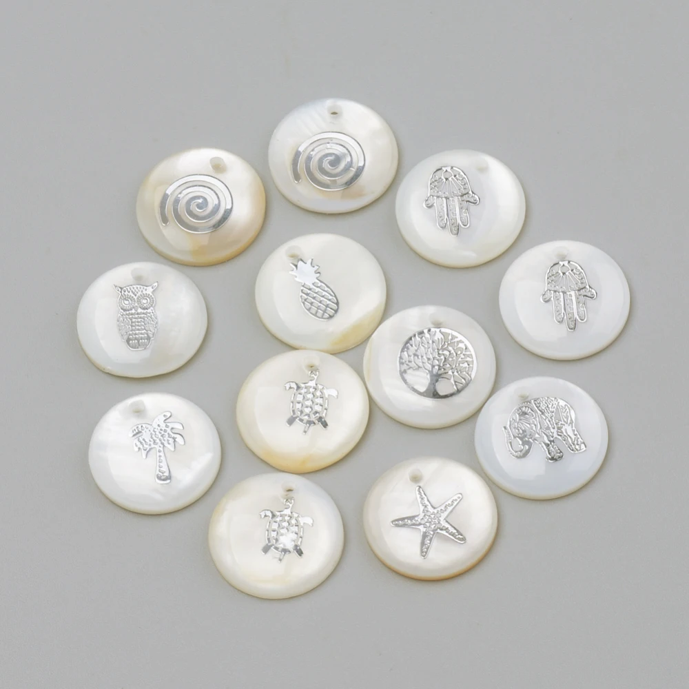

100pcs Freshwater Shell Pendants Flat Round With Starfish Tortoise Tree Ocean Charms Pendant for jewelry making DIY necklace