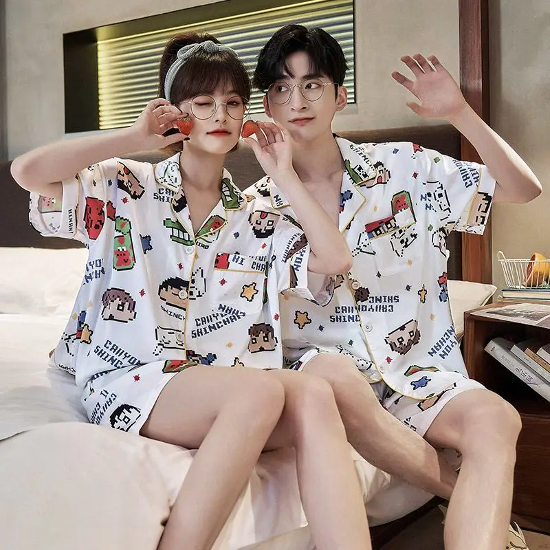 High-end couple pajamas, women's ice silk short sleeves, cute cartoon thin imitation silk loungewear men's set