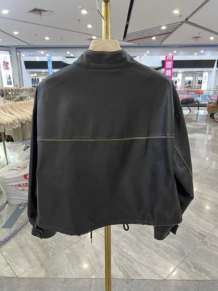 Young Middle-aged Women Dress Stand Collar Washed Leather Coat Outerwear Short Autumn New Western Sle Jacket Middle-A...