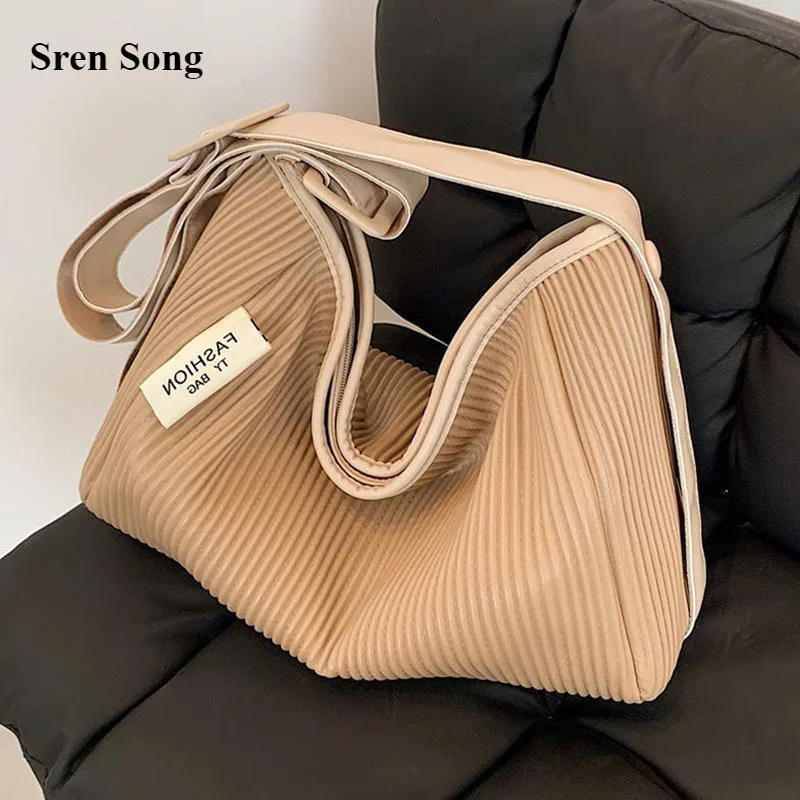 

Текстурированные однотонные сумки через плечо для женщин, новинка 2021, вместительные сумки-мессенджеры, сумки-тоуты в полоску, модные повсед...