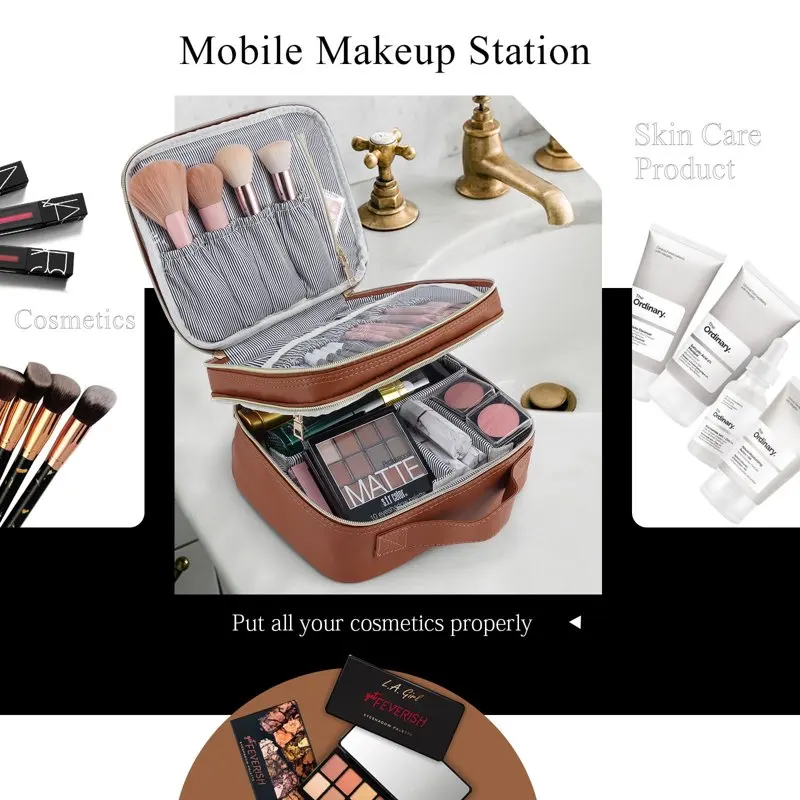 Double Layer Travel Makeup Bag Organizer Large Makeup Case with Dividers Cosmetic Train Case Toiletry Bags