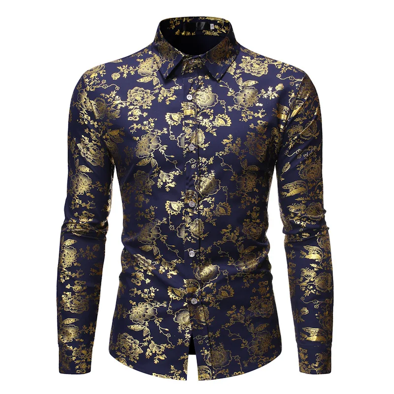 Mattswag Mens WIne Red Luxury Floral Gold Shiny Print Shirts Stylish Slim Long Sleeve Dress Shirt Party Prom Show Camisa Men XL