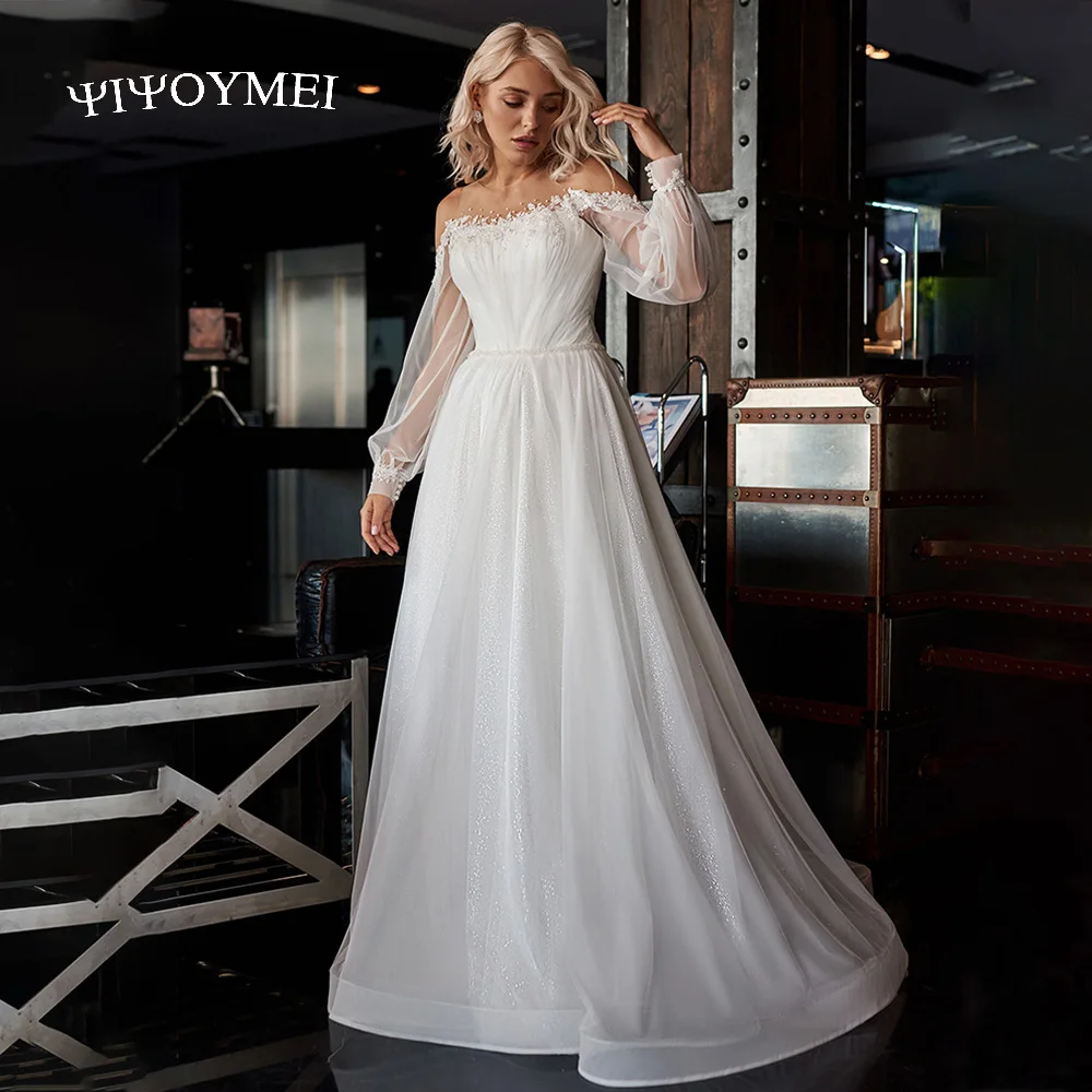 

Elegant A Line Wedding Dress Shiny Organza Long Sleeve Lace Appliques Illusion O Neck Bridal Gowns Vestidos De Novia Custom Made