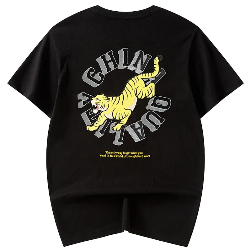 

Летняя национальная футболка с вышивкой тигра, китайская ветровка, трендовая свободная хлопковая футболка с короткими рукавами