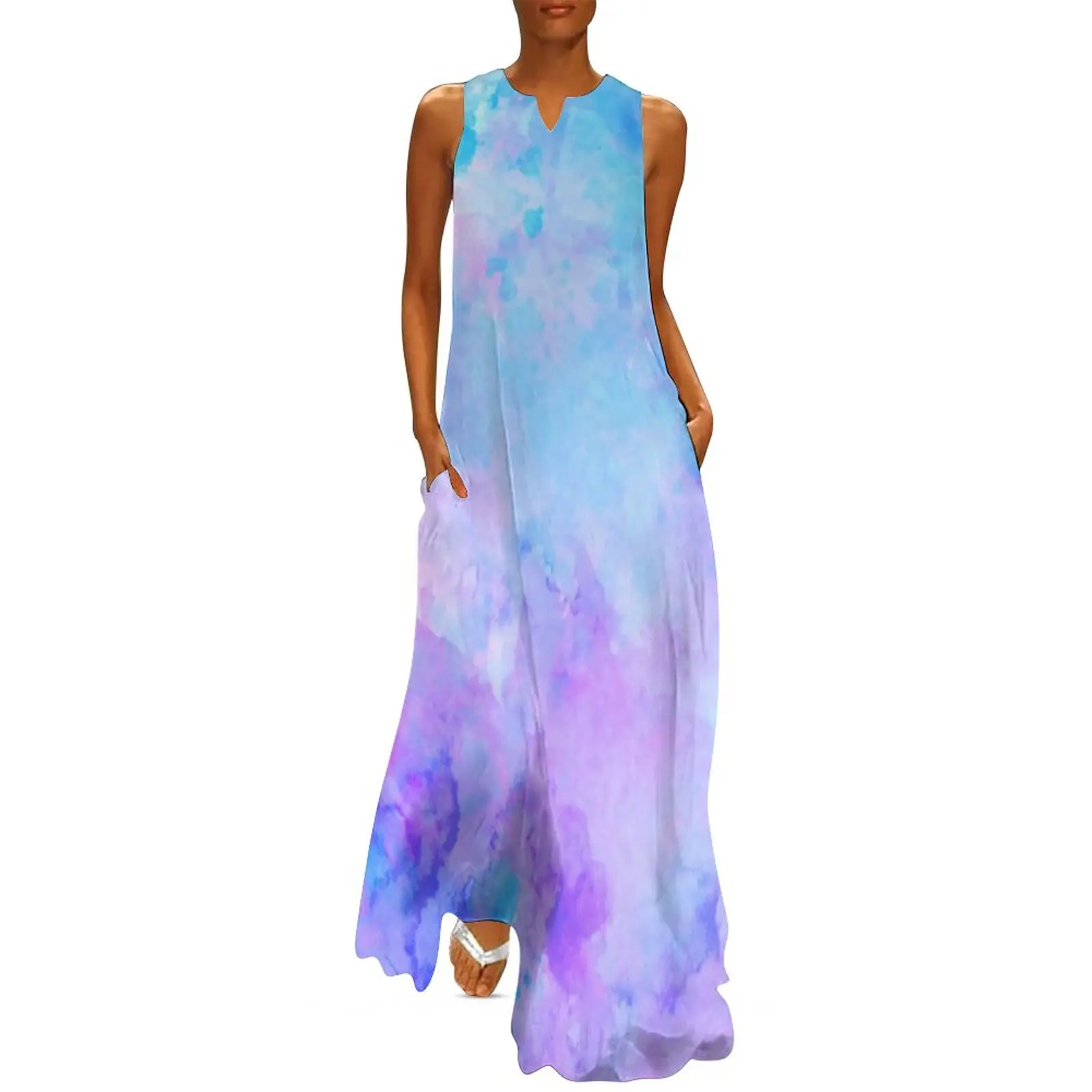 

Платье-Макси женское с абстрактным принтом, Пляжное длинное фиолетовое в стиле бохо, с акварелью и брызгами, с V-образным вырезом, Одежда большого размера