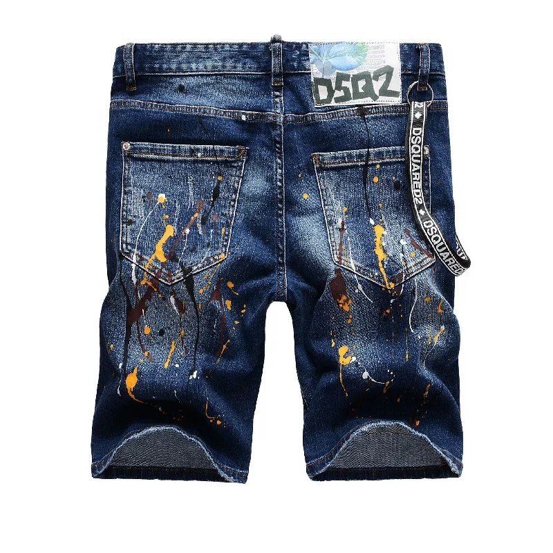 Mens Blue Denim Shorts Mens Summer Casual Slim Print Hole Knee Length Jeans High Quality Hip Hop Denim Shorts